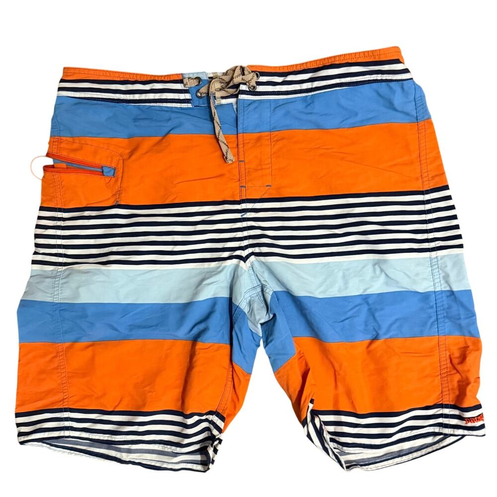PATAGONIA Wavefarer Board Shorts Men 36 Orange Blue Striped Swim Trunks EUC